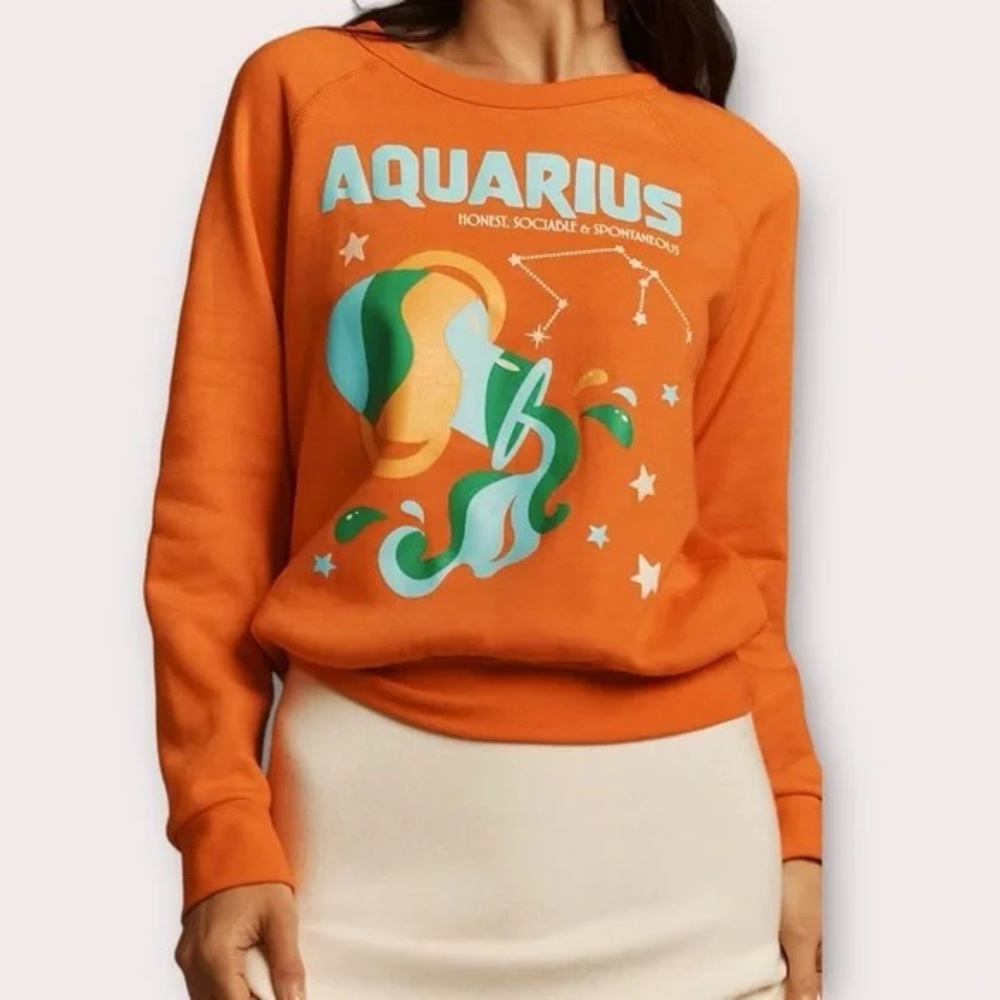 Anthropologie Midnight Rider The Carolita Zodiac Sweatshirt Aquarius Orange